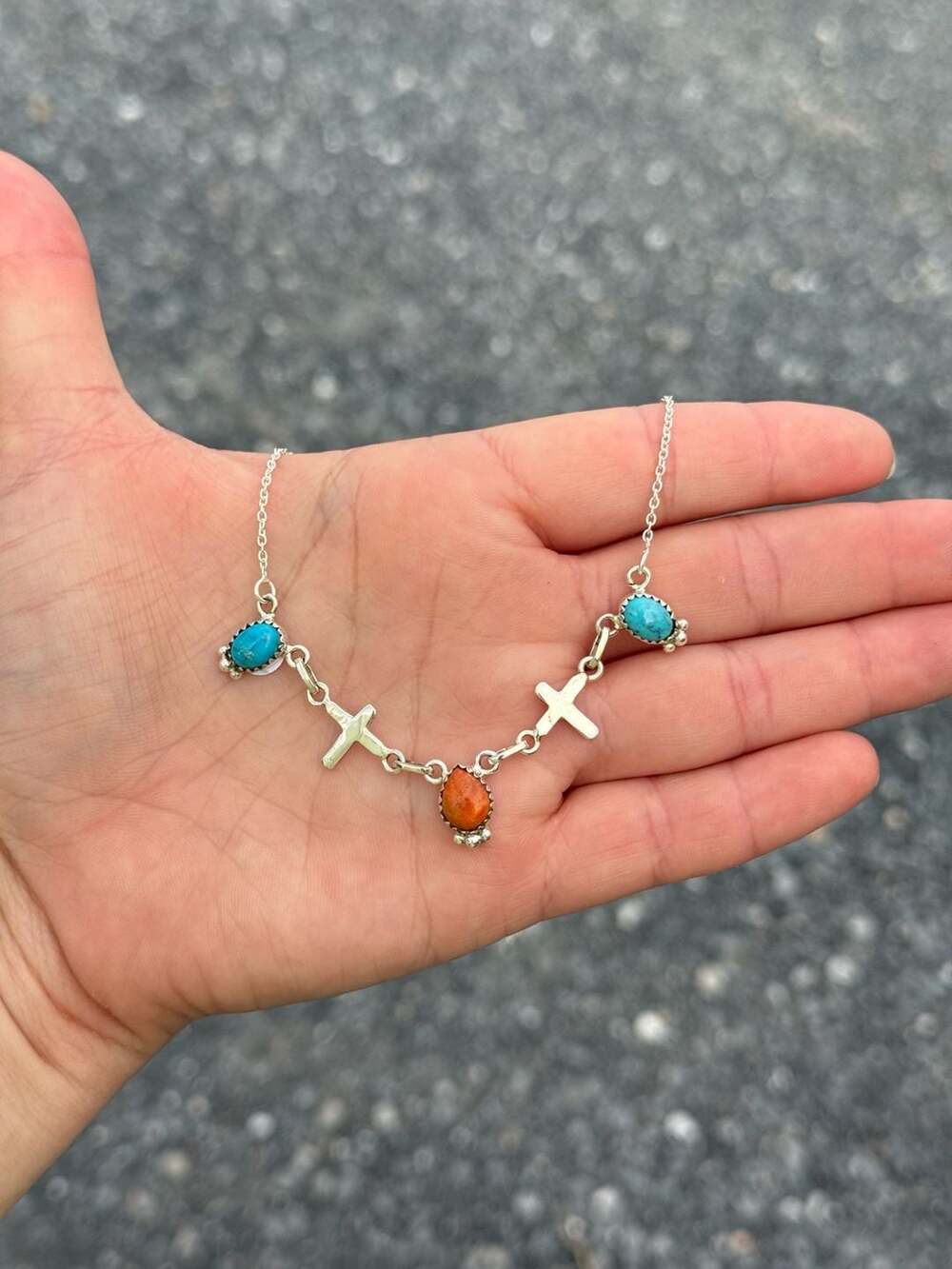 Southwest Sterling Silver Turquoise and Orange Mojave Cross Link Necklace